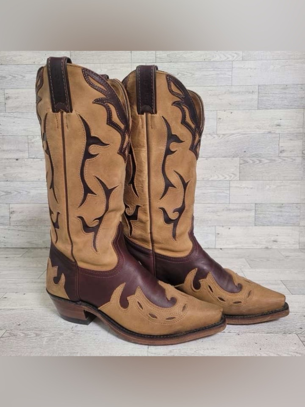 Women’s Boulet Brown Leather Wingtip Inlay Nubuck Western Cowboy Boots Size 6